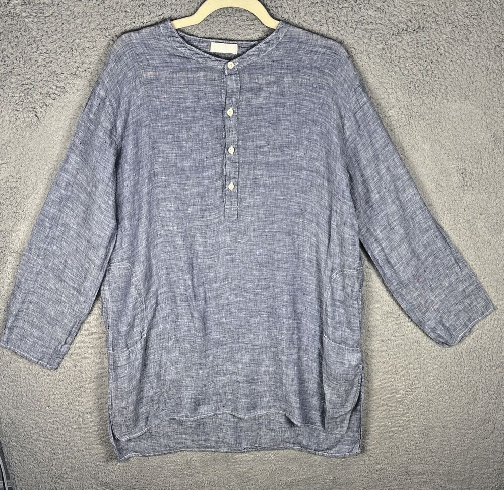 CP Shades Tunic Shirt Dress Blue Chambray Linen Oversized Midi Size Small